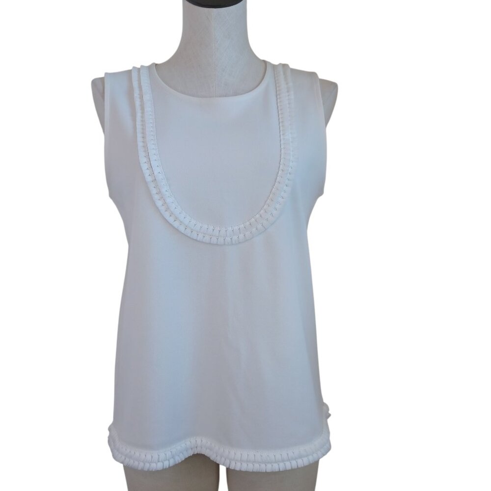 Ann Taylor Top Ivory White Sleeveless Fringe Detail Tank Blouse Womens Small NEW